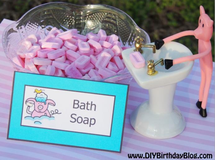 Piggy Bubble Bath Birthday Party- Free Birthday Party Printables- DIY Birthday Blog- Piggy Bath Soap Pez Candies With Piggy At The Sink