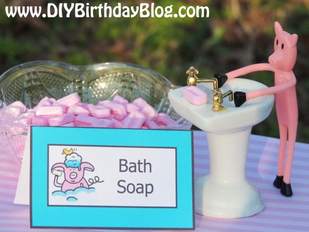 Piggy Bubble Bath Birthday Party- Free Birthday Party Printables- DIY Birthday Blog- Bath Soap Pez Candies Piggy At The Sink