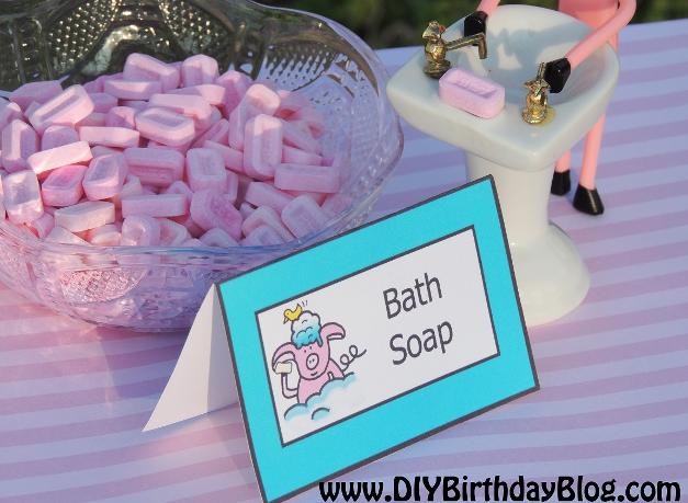 Piggy Bubble Bath Birthday Party - Free Birthday Party Printables- DIY Birthday Blog- Piggy Washing Hands With Bath Soap Pez Candy
