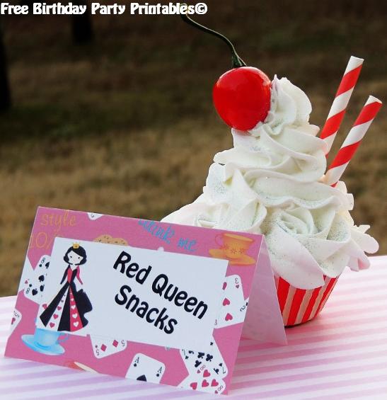 Red Queen Snacks- Alice In Wonderland Birthday Party Free Printable Food Cards.