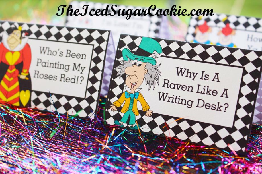 Alice In Wonderland Birthday Party Food Label Tent Cards DIY Cutouts Template Printable Mad Hatter White Rabbit Red Queen Tweedledee Tweedledum Digital Download Cartoon Illustrations Drawings- DIY Alice In Wonderland Birthday Party Ideas- How Do You Do Shake Hands, I'm Late! I'm Late! For A Very Important Date! Who's Been Painting My Roses Red!? Why Is A Raven Like A Writing Desk? by The Iced Sugar Cookie