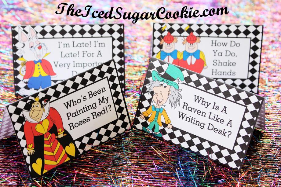 Alice In Wonderland Birthday Party Food Label Tent Cards DIY Cutouts Template Printable Mad Hatter White Rabbit Red Queen Tweedledee Tweedledum Digital Download Cartoon Illustrations Drawings- DIY Alice In Wonderland Birthday Party Ideas- How Do You Do Shake Hands, I'm Late! I'm Late! For A Very Important Date! Who's Been Painting My Roses Red!? Why Is A Raven Like A Writing Desk? by The Iced Sugar Cookie