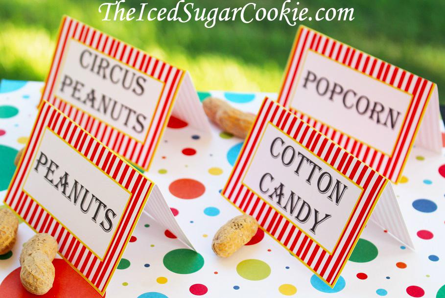 DIY Circus Birthday Party Printables Templates Food Label Tent Cards by The Iced Sugar Cookie-Peanuts, Cotton Candy, Popcorn, Circus Peanuts and so many more!!!