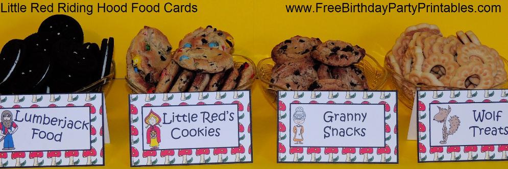 Little Red Riding Hood Free Birthday Party Printables- Little Red's Cookies, Wolf Treats, Granny Snacks, Lumberjack Food