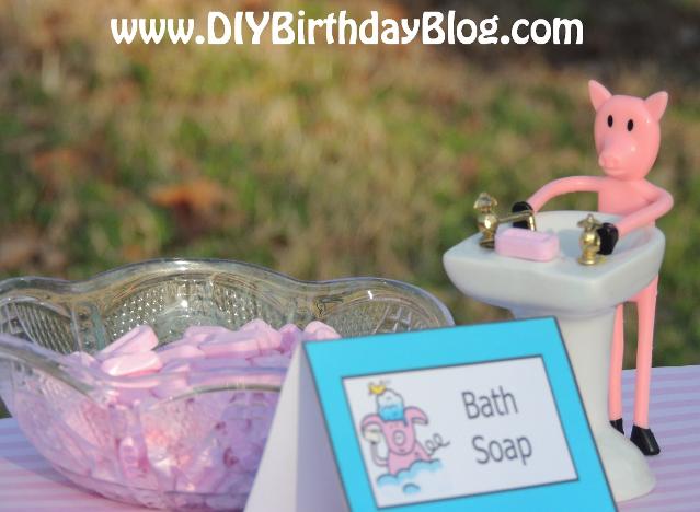 Piggy Bubble Bath Birthday Party- Free Birthday Party Printables- DIY Birthday Blog- Piggy at Sink With Bath Soap Pez Candies