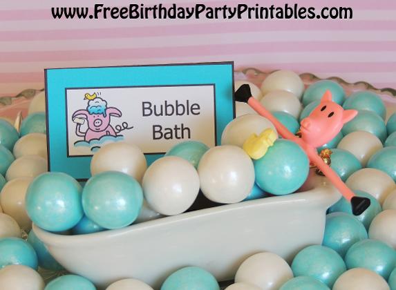 Piggy Bubble Bath Birthday Party- Free Birthday Party Printables- DIY Birthday Blog- Piggy Taking Bubble Bath In Bathtub of Gumballs