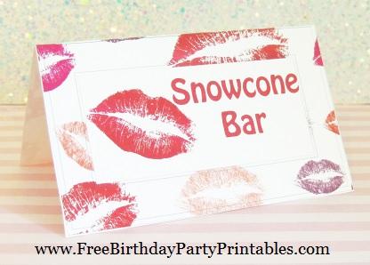 Free Lipstick Kiss Birthday Party Printables- Snowcone Bar Food Cards