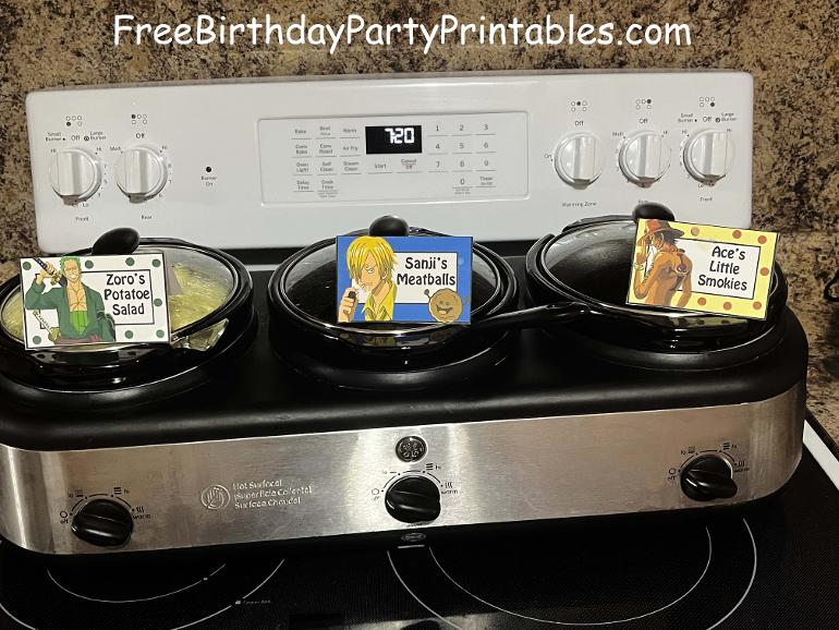 One Piece Birthday Party Printables Free Food Cards Zoro's Potatoe Salad, Sanji's Meatballs, Ace's Little Smokies