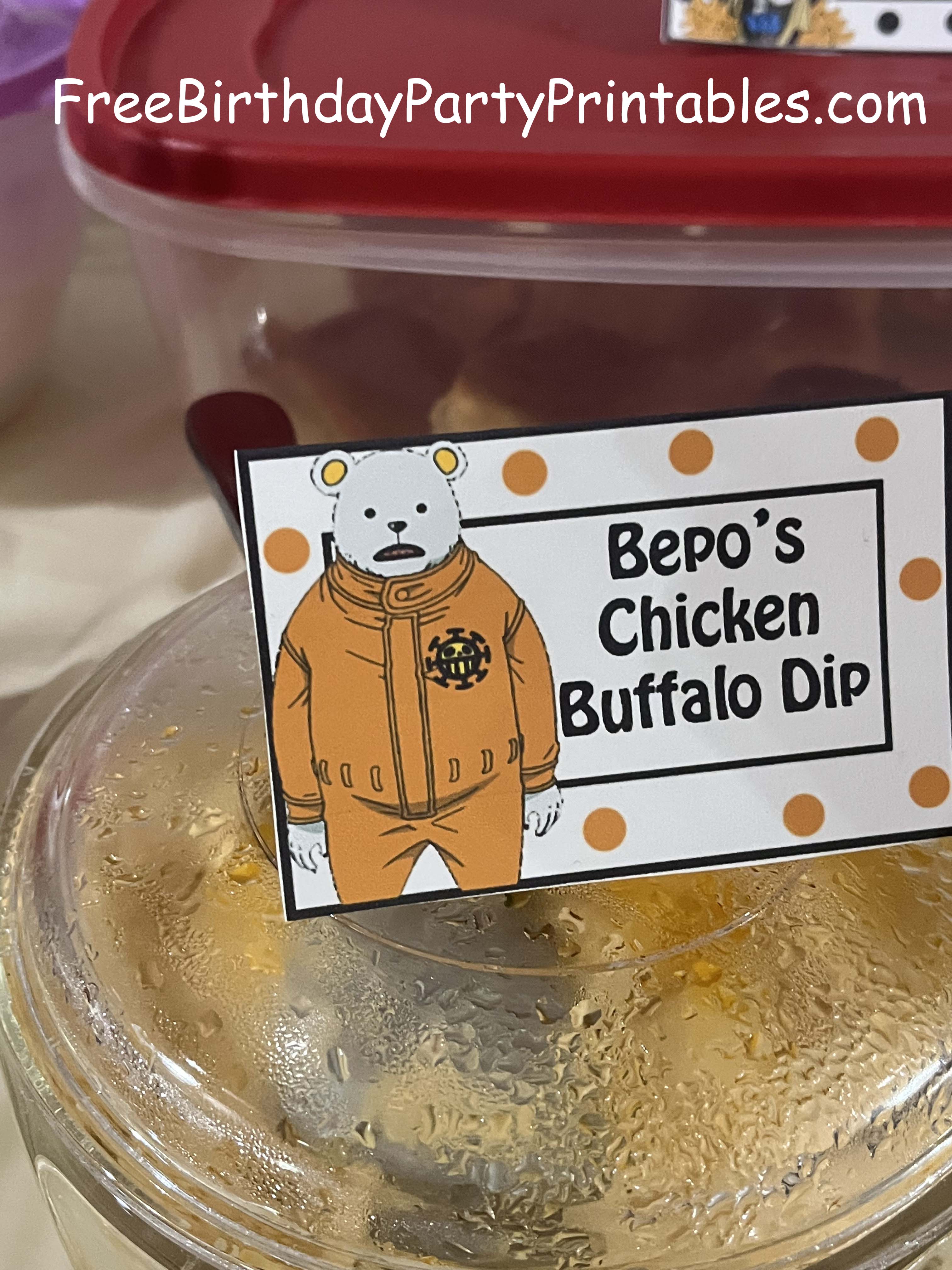 One Piece Birthday Party Printables Free Food Cards Bepo's Chicken Buffalo Dip